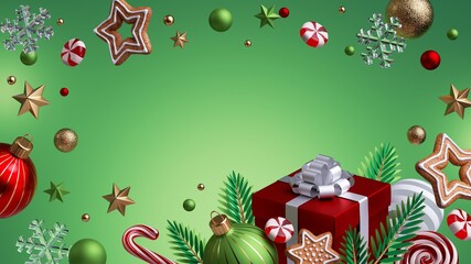 3d render, abstract Christmas green background with red wrapped gift box, glass balls, gingerbread cookies and festive ornaments.