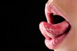 © Yevhen - Beautiful red lip, lipstick and lipgloss. Sexy lips, tongue out. Portrait woman lip. Tongue and sexy mouth, open. Close up, macro with beautiful mouth. Isolated lip, sensual lips. Copy space