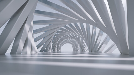 3d render, abstract futuristic background. white spiral tunnel with daylight.