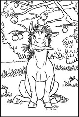 Wall Mural - Funny unicorn under the apple tree for coloring. Coloring page for kids and horse lovers.	