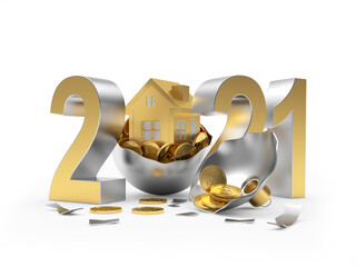 Wall Mural - Golden 2021 and house icon on broken Christmas ball with coins isolated on white background. 3D illustration