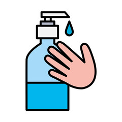 Wall Mural - Hands soap bottle line and fill style icon design, Disinfects clean antibacterial and hygiene theme Vector illustration