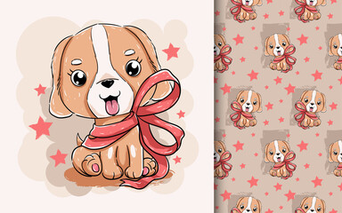 Wall Mural - Vector illustration of a cute puppy with red ribbon.