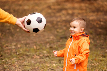 Happy little toddler kid eagerly watching at soccer ball in hand of father. Hand of dad giving to little son football ball in autumn forest or park. Family active leisure outdoors concept