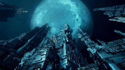 futuristic skyscrapers with full moon. science fiction scenery. 3d rendering