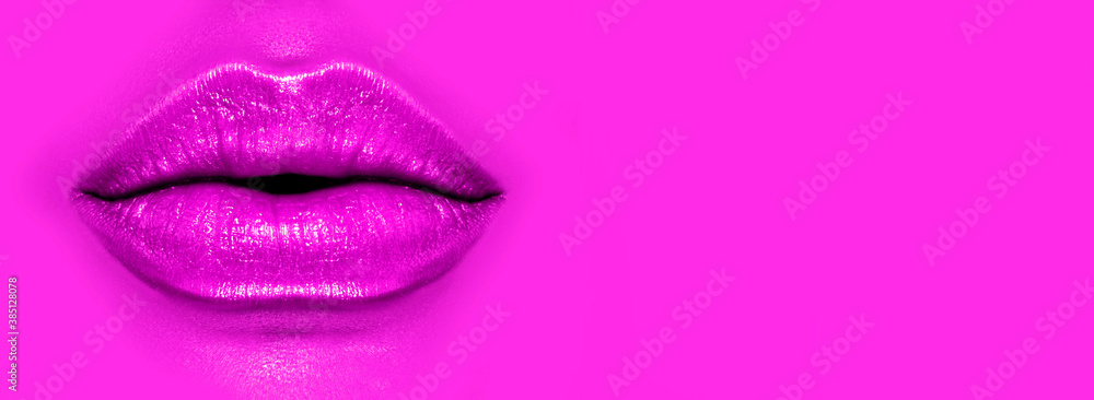 Beautiful young woman's lips closeup, on purple background. Plastic surgery, fillers, injection. Part of the model girl face, youth concept. Perfect mouth, make-up. Health care. Art design - obrazy, fototapety, plakaty 