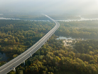 Aerial drone view. A bridge under construction across the Dnieper in Kiev.