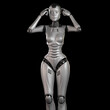 © Mykola - 3d render of a very detailed female robot or futuristic cyber girl touching her head with both arms, isolated on black background