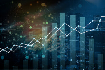 Double exposure business network connection and global economy and money  trading graph background. Trend of future digital business economy. elements of this Images furnished by NASA.