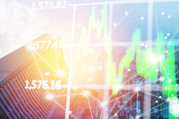 Double exposure business network connection and global economy and money  trading graph background. Trend of future digital business economy. elements of this Images furnished by NASA.