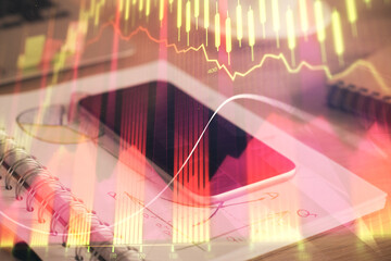 Double exposure of forex chart drawing and cell phone background. Concept of financial data analysis