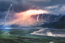 Thunderstrom With Lightning In The Denali National Park, Alaska
