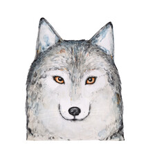 Water Color Sketch Of Gray Fluffy Wolf Character With Bright Amber Eyes. Front View, Looking At Camera. Hand Painted Watercolour Sketchy Drawing, Cut Out Clipart Element For Design, Poster, Print.