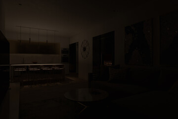 Night 3D visualization of the interior. Design of the living room combined with the kitchen. Studio apartment with combined interior space in Scandinavian style