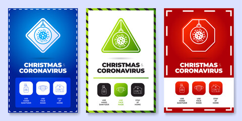 Christmas coronavirus all in one icon poster set vector illustration. Coronavirus protection flyer with outline icon set and road warning sign. Stay at home, use face mask, use hand sanitizer