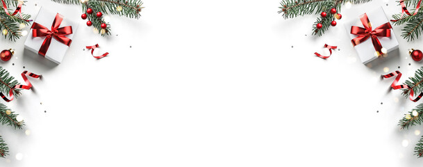 Wall Mural - christmas fir branches, gift boxes with red ribbon, red decoration, sparkles and confetti on white b