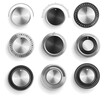 © Wanlee - Vector set of black and chrome volume control buttons isolated on white background. Realistic 3d metal sound knobs. Tune and volume round button with scale