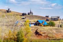 Camping Krasnaya Gora With Layouts Of Vintage Wooden Buildings. The Picture Was Taken In Russia, In The Orenburg Region, In The Village Of Saraktash