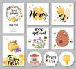 Honey bees and beekeeping cards. Perfect for tag, sticker kit, label design. Vector illustration.