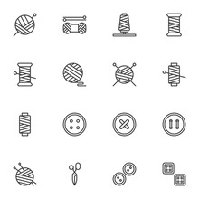 Sewing And Needlework Line Icons Set, Outline Vector Symbol Collection, Linear Style Pictogram Pack. Signs, Logo Illustration. Set Includes Icons As Balls Of Yarn Knitting Needles, Thread , Scissors