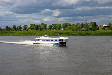 Hydrofoil Raketa floats with tourists on the Neman River, Lithuania summer 2020