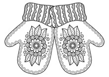 Vector Christmas Coloring Page For Adults. Knitted Mittens On White Background. Elements For Christmas Templates, Cards And Invitation