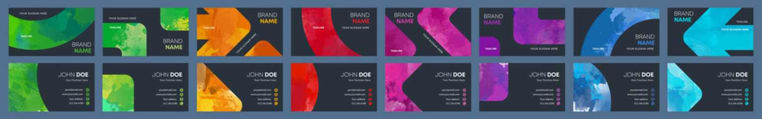 Wall Mural - Big set of bright colorful business card template with vector watercolor black background	