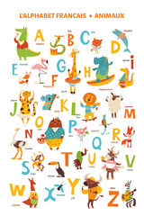 French language alphabet poster with cartoon animals