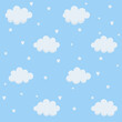 Seamless pattern with clouds, stars, hearts. 