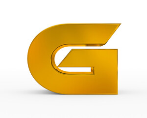 Letter G - golden futuristic 3d font standing isolated on white background