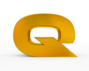 Letter Q - golden futuristic 3d font standing isolated on white background