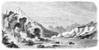 horizontal oriented engraving of placid bay of Port Galant at the end of Saint Nicholas Bay, Chile. Ancient grey tone etching style art by De B�rard, published on Le Tour du Monde, Paris, 1861