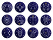Astrological zodiac signs. Aries, taurus, leo and gemini horoscope, virgo scorpio libra aquarius zodiac, sagittarius, pisces capricorn cancer vector symbols. Constellations on blue