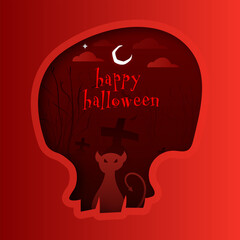 Sticker - Happy Halloween Text with Silhouette Scary Cat and Nightime Graveyard View on Red Paper Cut Skull Shape Background.