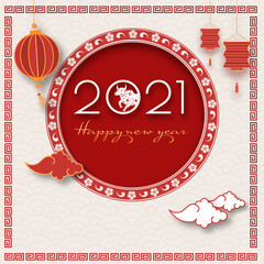 Canvas Print - 2021 Happy New Year Text with Zodiac Ox Sign and Hanging Lanterns on White and Red Paper Cut Semi Circle Pattern Background.