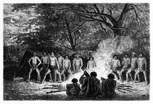 Australian Aboriginals Dance Ritual Around Fire Outdoor In The Evening. Ancient Grey Tone Etching Style Art By Riou And Gusmand, Le Tour Du Monde, Paris, 1861