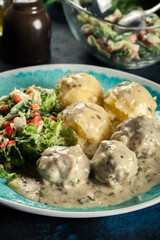 Canvas Print - Meatballs with creamy and cheese gravy served with mashed potatoes