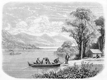 People Boarding On A Canoe In The Flat Waters Of Vast Lake Champlain, United States Of America. Ancient Grey Tone Etching Style Art By Grandsire, Le Tour Du Monde, Paris, 1861