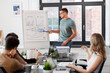 © Syda Productions - business, people and corporate concept - team of startuppers with statistics on flip chart working at office