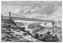 Niagara Falls Suspension Metallic Railway Bridge, North America, Over A Vast Natural Landscape. Ancient Grey Tone Etching Style Art By Lancelot, Le Tour Du Monde, Paris, 1861