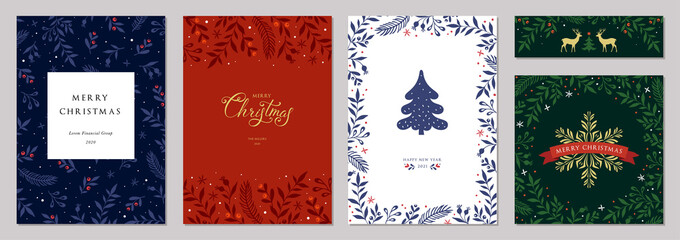Wall Mural - merry christmas and happy holidays cards with new year tree, reindeers, snowflakes, floral frames an