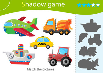 shadow game for kids. match the right shadow. color images of transportation or vehicle. taxi, tract