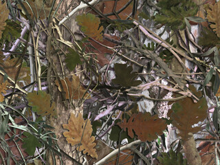 Wall Mural - Realistic forest camouflage. Seamless pattern. Tree, branches, green and brown oak leaves. Useable for hunting and military purposes.        
