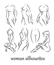 Collection Of Naked Beautiful Woman Silhouettes In Different Poses Isolated On White Background. Intimate Symbols, Woman Healthcare, Hygiene. Sketch, Contour Drawing. Vector Flat Illustration.