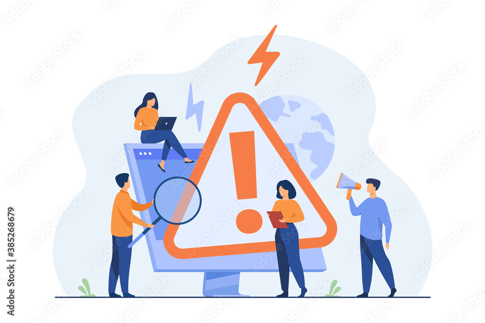 Tiny people examining operating system error warning on web page ...