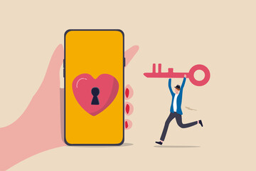 Dating apps, online dating using internet and social media to find romantic relationship concept, young adult millennial boy holding lovely key running to smart phone app with heart shape and keyhole.