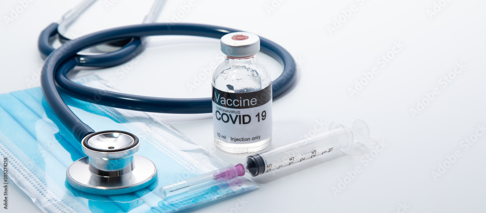 Healthcare and medical background concept. COVID 19 vaccine or Coronavirus vaccine with needle, prepare for injection - obrazy, fototapety, plakaty 