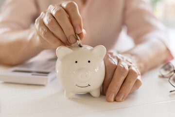 Old women's hands put money coins in a piggy Bank, the concept of retirement, savings, savings, old age.