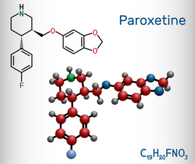 Poster - Paroxetine, antidepressant, selective serotonin reuptake inhibitor SSRI, molecule. It is used in the therapy of depression, anxiety disorders. Structural chemical formula and molecule model