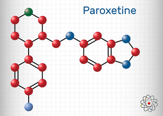 Sticker - Paroxetine, antidepressant, selective serotonin reuptake inhibitor SSRI, molecule. It is used in the therapy of depression, anxiety disorders. Sheet of paper in a cage